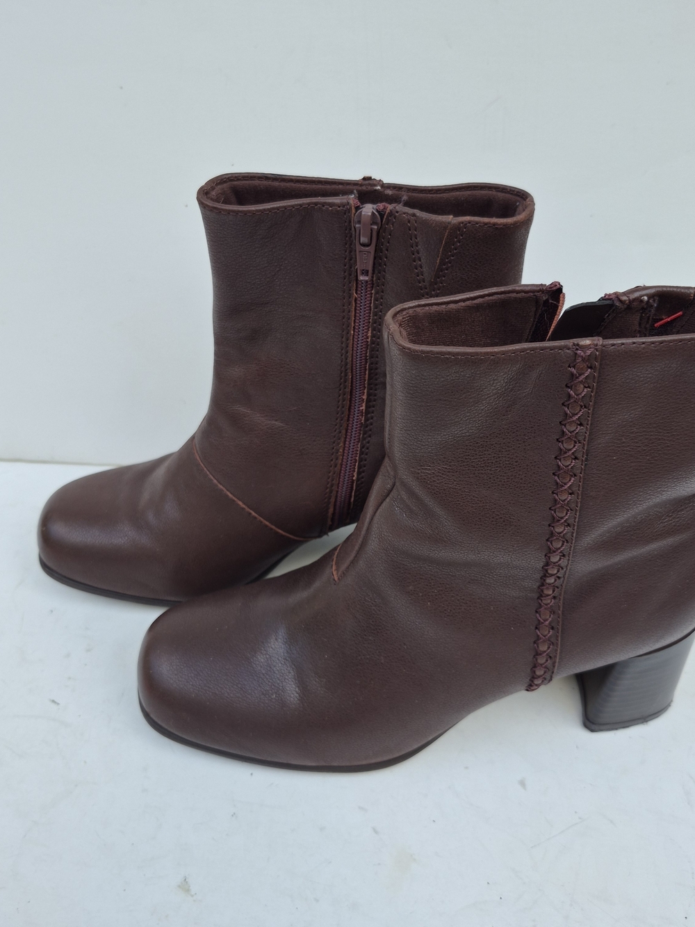 Clarks Brown Leather Ankle Boots with Side Zip and Braided Detail